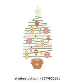 Vector winter Merry Christmas tree illustration. Hand painted modern boho decorated Christmas tree clipart. Cozy cute flat premade poster composition