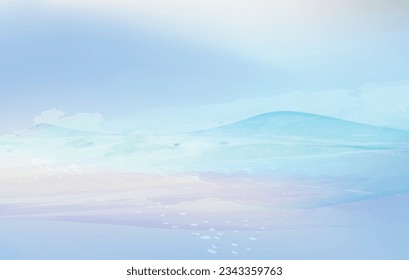 Vector Winter minimal design. Snowy mountains. Abstract landscape in blue and white colors. Background with place for text. 