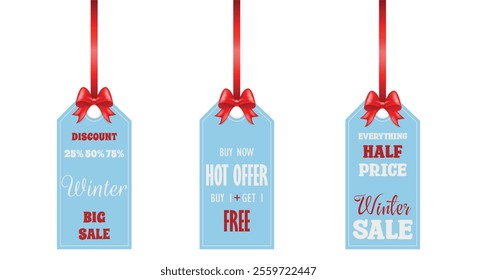 Vector winter minimalistic Sale labels with red bow and ribbon white isolated background. Winter discount, hot offer, big sale, half price labels set. Winter sale banner template.