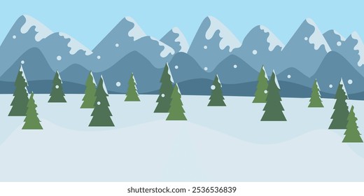 Vector winter mountain landscape with evergreen trees, snow and snowflakes. Merry Christmas greeting card. Hand drawn vector illustration in flat style. Happy New year. Ski time.