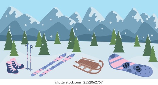 Vector winter mountain landscape with evergreen trees, snow, and winter sport equipment skim sledge, snow board. Merry Christmas greeting card. Hand drawn vector illustration in flat style