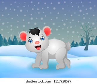 Vector winter nature background with cute bear illustration