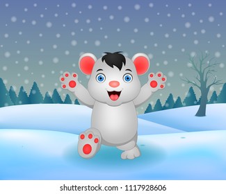 Vector winter nature background with cute bear illustration