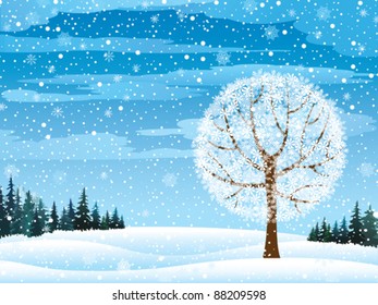 Vector winter nature with forest, tree and snow