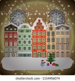 Vector. Winter nature landscape. Greeting card, poster design. Winter houses, road, tree. Vector. Cute town Christmas eve. Winter in the city, christmas decor fir-trees. New year holidays. Cityscape.