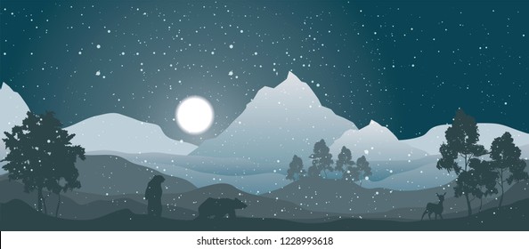 vector winter nature landscape, mountain peaks covered in snow, trees and animals under night snowing sky with bright full moon, christmas  illustration