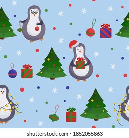 
Vector winter, new year, Christmas seamless pattern with penguins decorating the Christmas tree, gifts in boxes, decor and snowflakes. New year's pattern in a flat style
