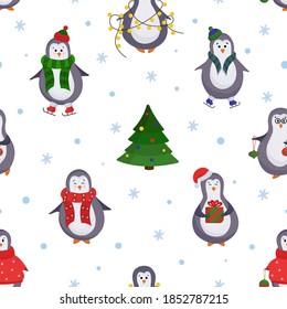 
Vector invierno año nuevo Navidad patrón sin fisuras con pingüinos y árbol de Navidad. Patrón de año nuevo en estilo plano con pingüinos en sudaderas, sombreros, patines de hielo, pañuelos con regalos y decoración
