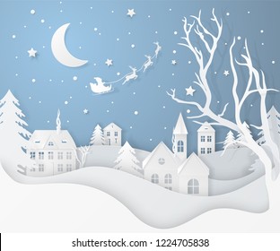 Vector winter night landscape with fir trees, houses, moon, santa's sleigh, stars, deers and snow in paper cut style. Festive layered background with 3D realistic paper Christmas Village and snowfall.