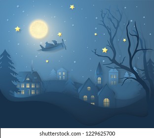 Vector winter night landscape with fir trees, houses, moon, santa on airplane, stars and snow in paper cut style. Dark festive layered background with 3D realistic paper Christmas Village and snowfall