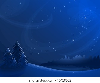 Vector Winter Night Landscape With Forest And Fur-trees.