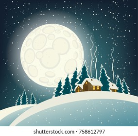 Vector winter night landscape with village in the snowy forest in a full moon