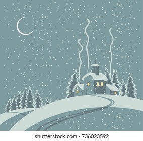 Vector winter night landscape with waning moon, with village and church in the snowing forest