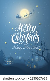 Vector Winter Night Scene With 3D Realistic Paper Christmas Village. Dark Festive Layered Background With Text Merry Christmas And Moon, Tree, Santa's Sleigh, Deers And Snowfall For Design Of Poster.