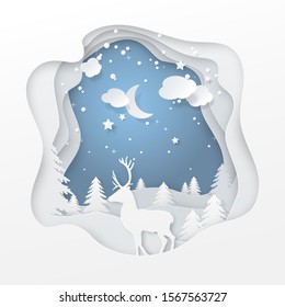 Vector winter night scene with deer and fir trees, clouds, moon, stars, snowfall on blue background. Festive layered layout with 3D realistic paper-cut symbols of Christmas season for holiday banner.