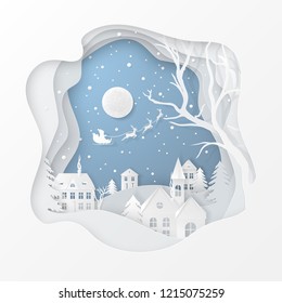 Vector winter night scene with fir trees, houses, moon, santa's sleigh, deers and snow in carving art style. Festive layered background with 3D realistic paper-cut of Christmas Village and snowfall.