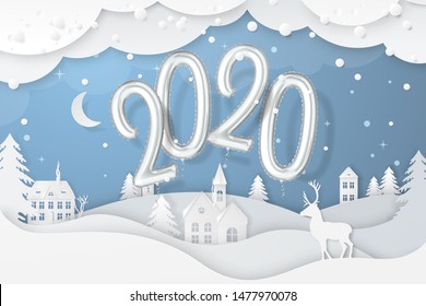 Vector winter night scene with fir trees, houses, moon, deer and realistic 2020 numbers foil balloons for New Year banner.  Festive background with 3d paper cutout Christmas Village and snowfall.