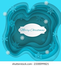 Vector winter night scene with snowflakes and snow in carving style. Festive layered background paper cut Merry Christmas decorations and snowfall, greeting card with congratulatory inscription