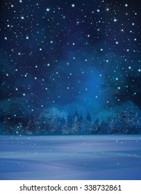 Vector Winter Night Scene, Starry Sky, Snow And Forest Background.