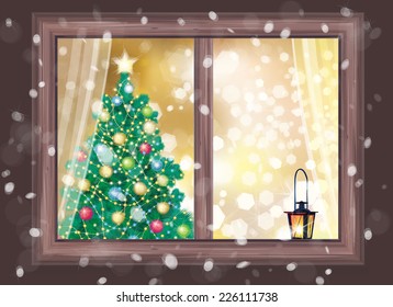 Vector winter night scene of window with Christmas tree and lantern.