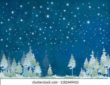 Vector winter night starry sky and  forest background.