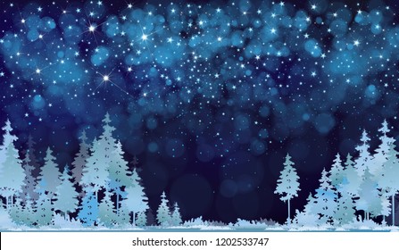 Vector winter night starry sky and  forest background.