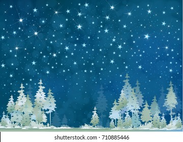 Vector Winter Night Starry Sky And  Forest Background.