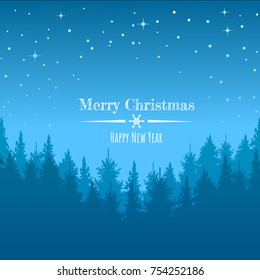 Vector winter night starry sky,  snowfall and forest background.Christmas Winter Landscape perfect for cards, prints, flyers, banners, invitations.