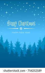 Vector winter night starry sky,  snowfall and forest background.Christmas Winter Landscape perfect for cards, prints, flyers, banners, invitations.