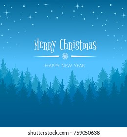 Vector winter night starry sky,  snowfall and forest background.Christmas Winter Landscape perfect for cards, prints, flayers, banners, invitations.