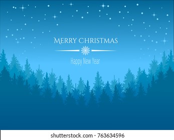 Vector winter night starry sky,  snowfall and forest background.Christmas Winter Landscape perfect for cards, prints, flayers, banners, invitations.