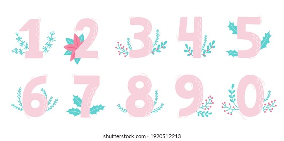 Vector winter numbers with green decorative christmas tree branches isolated on white. Cartoon pink numerals used for backgrounds of flyers, posters, invitations, cards, webs graphics, blogs, banners