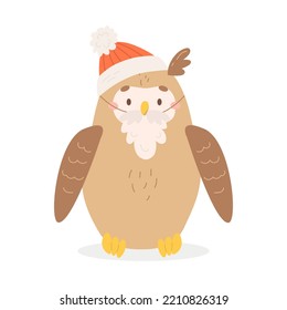 Vector winter owl dressed in santa hat and beard. Cute seasonal cartoon character of brown wild bird for christmas party