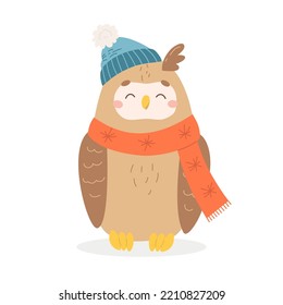 Vector winter owl dressed in scarf and hat. Cute seasonal cartoon character of brown wild bird for christmas party