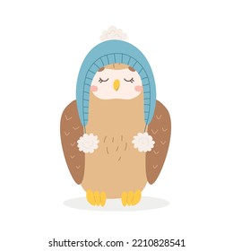 Vector winter owl dressed in scarf and warm hat. Cute seasonal cartoon character of brown wild bird for new year and christmas party