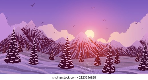 Winterpanorama-Landschaft mit Vektorgrafik. Cartoon schneebedeckte Berge und Bäume Wald bei Sonnenuntergang