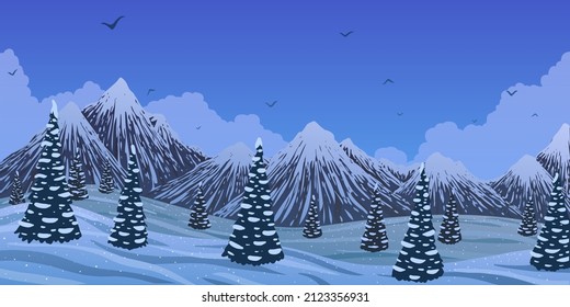 Vector winter panorama landscape. Cartoon snowy mountains and trees forest