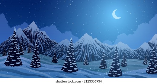 El paisaje de invierno vectorial. Montañas nevadas y bosques de árboles en la noche