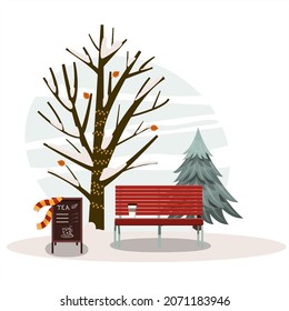 Vector winter park with a bench of trees and tea. Cartoon background with garlands, a Christmas tree and a tea stand. Cute flat illustration about winter walks for the new year and Christmas