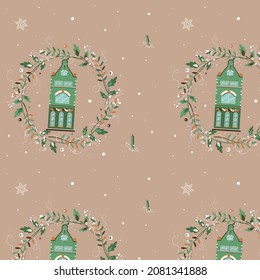 Patrón de invierno vectorial. Patrón con motivos de Navidad para regalos. Patrón para postales e invintación. Casas de Navidad y una corona.