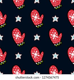 Vector winter pattern for decoration design with smittens and stars on dark background.Winter background decoration