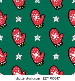 Vector winter pattern for decoration design with smittens and stars on green background. Winter background decoration