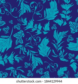 Vector winter pattern with ice elements, twigs, frozen leaves. curls, blades of grass.Winter natural backdrop, floral seamless texture. For New Year's decor,design of winter or floral prints on fabric