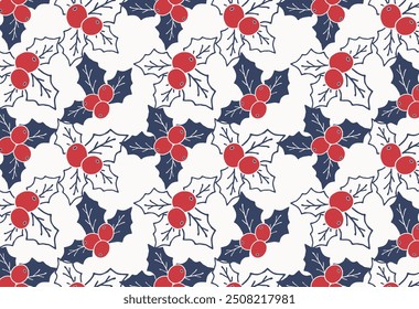 Vector winter pattern, seamless Christmas and New Year background with holly leaves and berries, beautiful winter botanical ornament in blue and red colors for decoration and printing