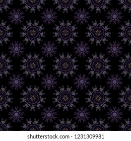 Vector winter pattern. Seamless design on black background in violet, brown and purple colors. Abstract seamless with Floral Elements.