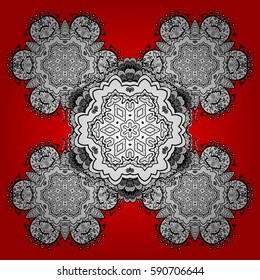 Vector winter pattern. Textured curls. Oriental style arabesques. White pattern on red and white background with doodles.