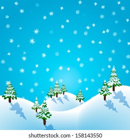 Vector winter pine forest with the snowfall 