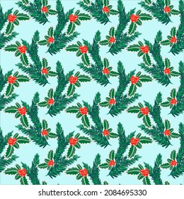 Vector - winter plants with fir and   holly berries seamless pattern.