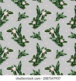 Vector - winter plants with fir and   holly berries seamless pattern.