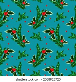 Vektorgrafik - Winterpflanzen mit Tanne und   Heilbeeren nahtloses Muster.